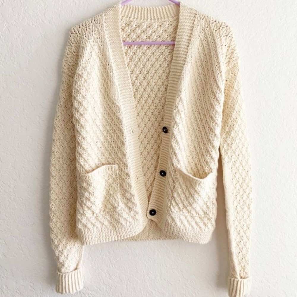 Vintage Knit Button Down V-Neck Cardigan Cream L
